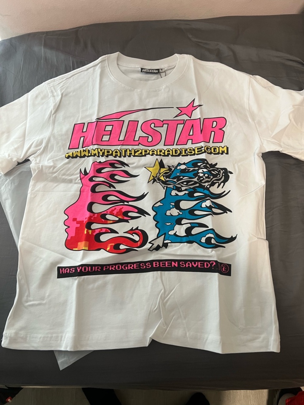 Hellstar Men's White Short Sleeve Graphic Tee with Pink & Blue Print